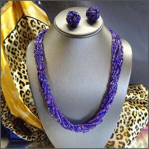 1980s Czech Iridized Cobalt Purple Glass Torsade Necklace w Earrings Set